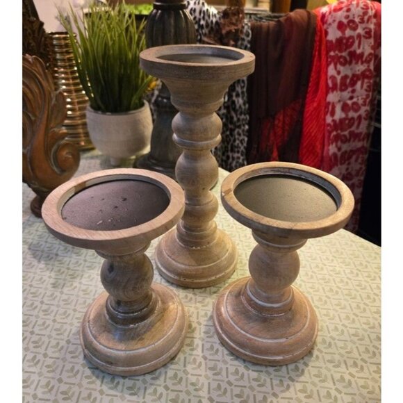 Set Of 3 Wood Mela Artesian Candle Holders - Picture 3 of 3